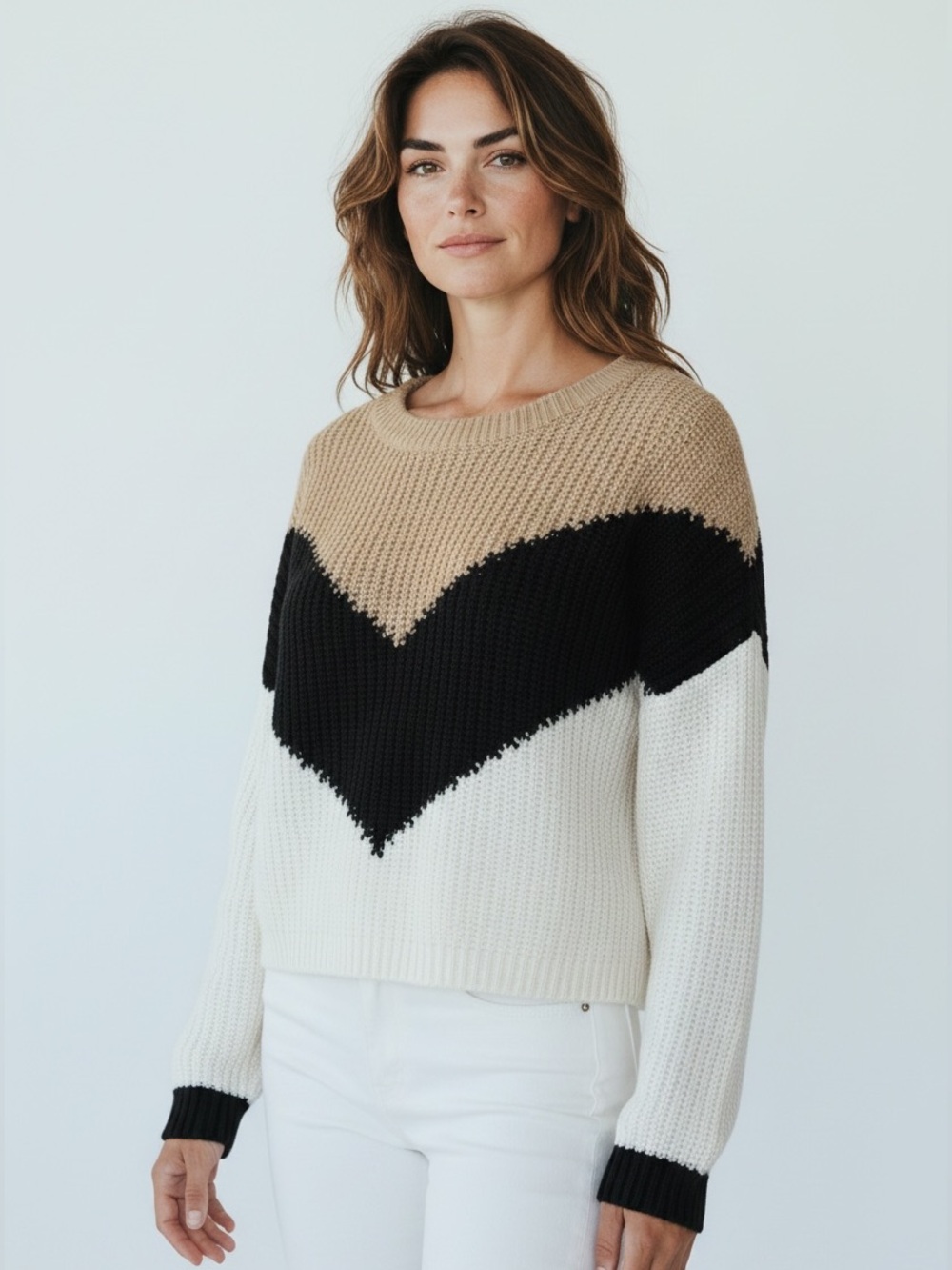 Rue21 Chevron Colorblock Crew Sweater - Beige Black White